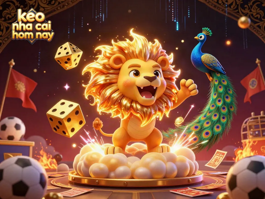 Bet on keo nha cai hom nay with the roaring sun lion and golden dice amid vibrant sports betting atmosphere.