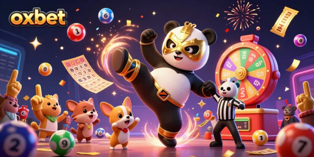 Experience engaging gameplay with the oxbet 3D illustration featuring a panda wrestler and dynamic casino elements.