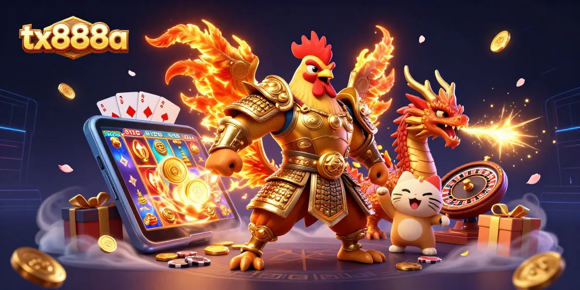 Engage in thrilling gameplay at tx888a with a dynamic scene featuring a rooster warrior, dragon hatchling, and exciting casino elements.