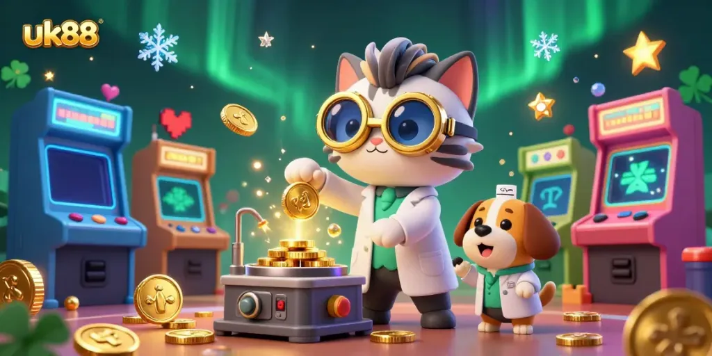 Experience thrilling casino fun at uk88 with a quirky scientist and dog creating gold coins