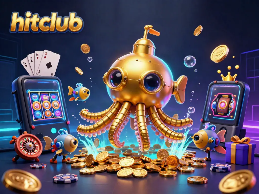 Experience thrilling wins at Hitclub with a cartoon kraken and mechanical fish amidst casino themes.