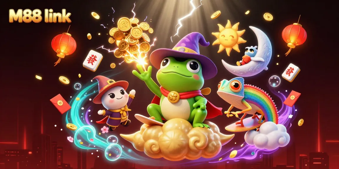 Experience the thrill with M88 link amidst a vibrant storm of golden coins and magical characters.