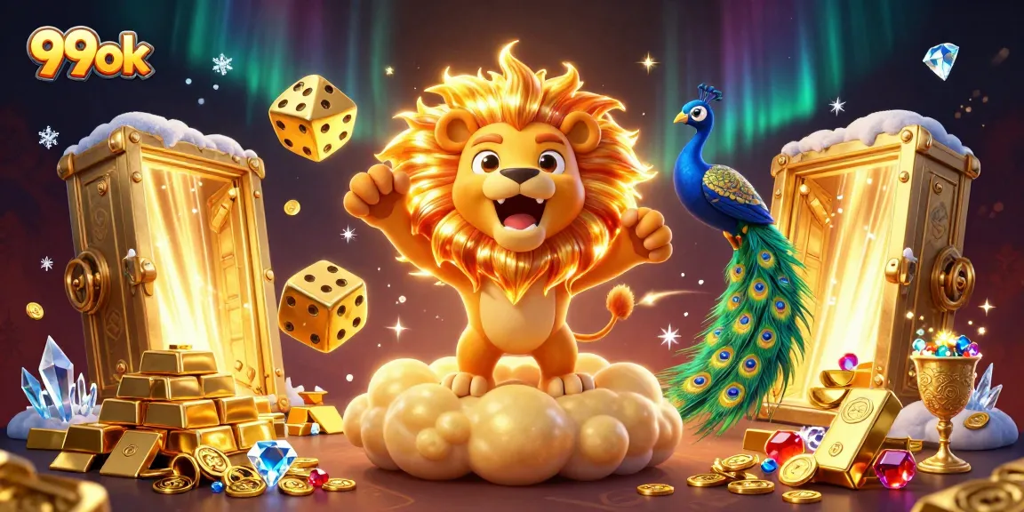 Spin the reels with 99ok as golden treasures, vibrant gems, and thrilling dice surround a sun lion in a dynamic casino scene.