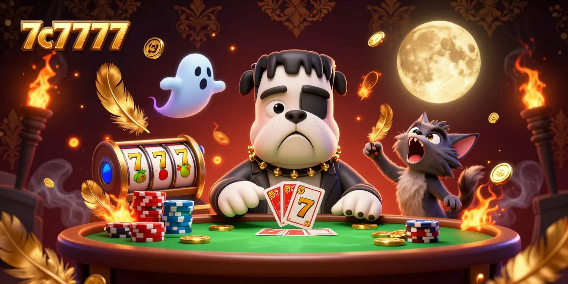 Engage in the thrilling action of 7c7777 with cartoon characters dealing cards in a spooky, vibrant casino scene.