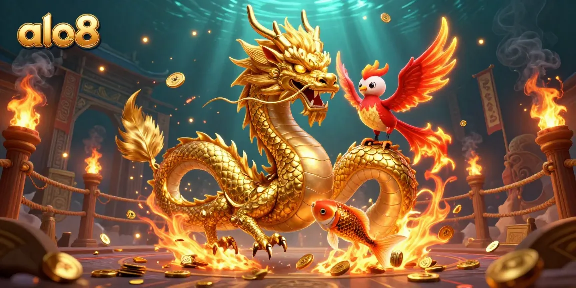 Experience excitement at ALO8 with vibrant imagery of a golden dragon navigating a cinematic casino adventure.