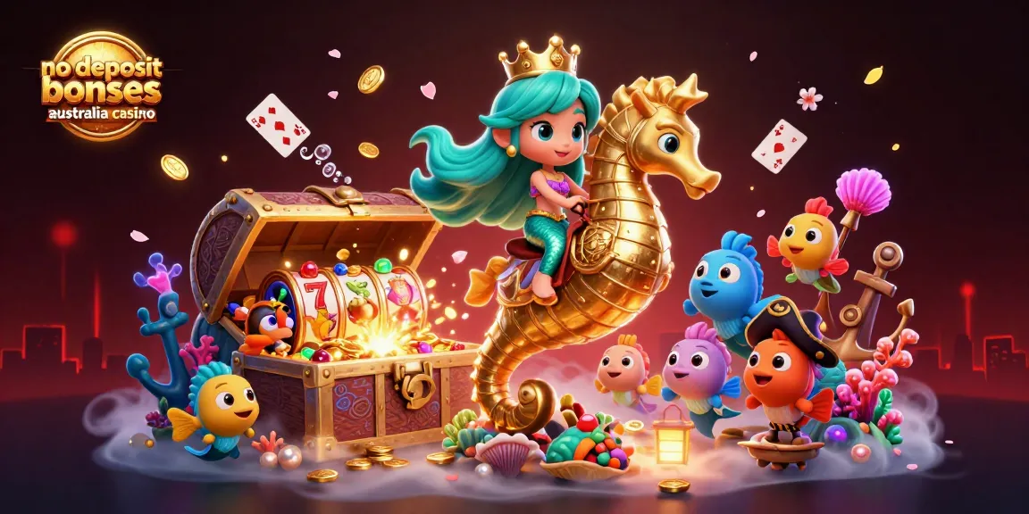 No deposit bonuses Australia casino highlighted in a vibrant, dynamic underwater scene featuring a mermaid princess and her fish companions.