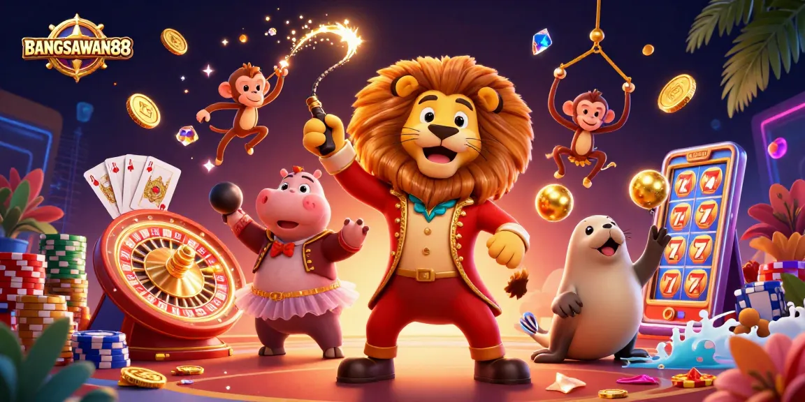 BANGSAWAN88 showcases a lively casino scene with animated characters, coins, and vibrant game elements.