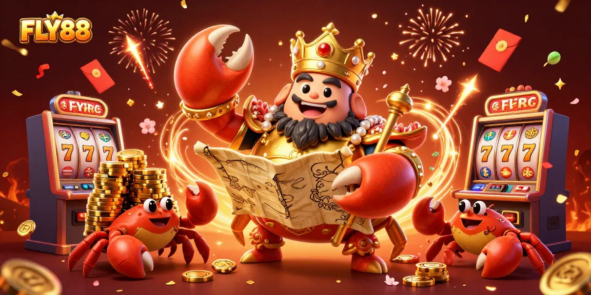 Play games at FLY88 with a vibrant 3D illustration featuring slots and a golden crab emperor.