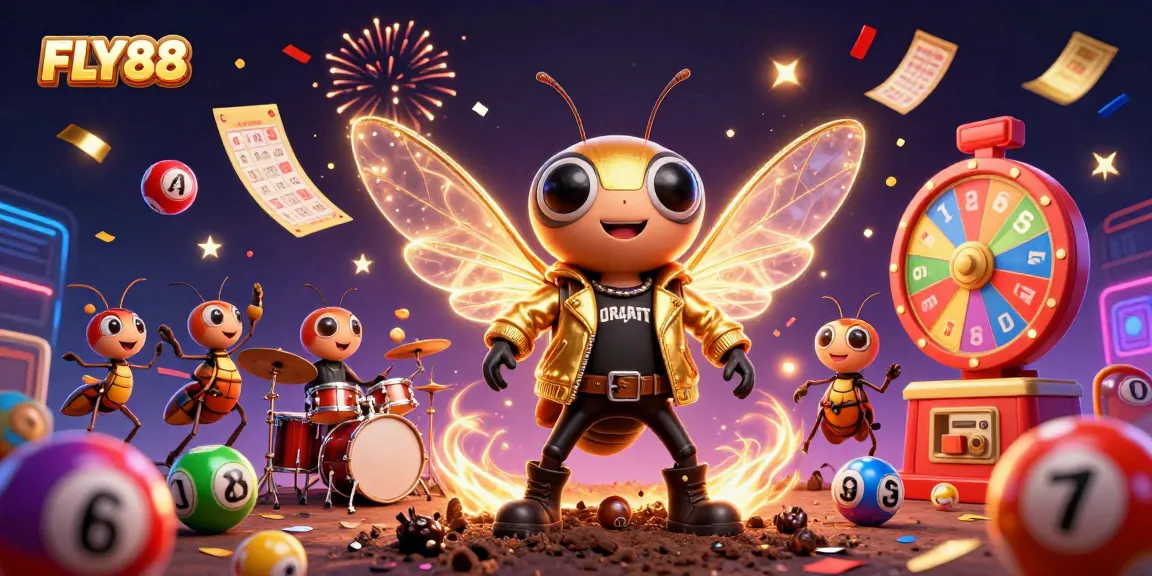 FLY88 offers an energetic scene with a cicada rock star and thematic gambling elements in a vibrant casino atmosphere.