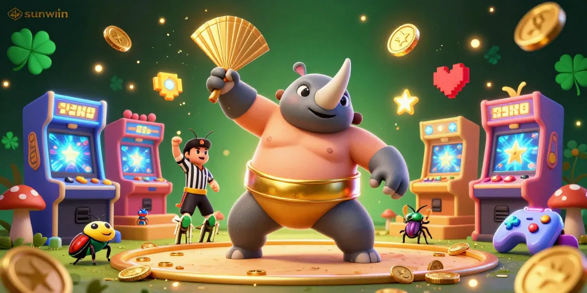 Experience thrilling gaming excitement at sunwin with a dynamic scene featuring a sumo champion beetle and vibrant casino elements.