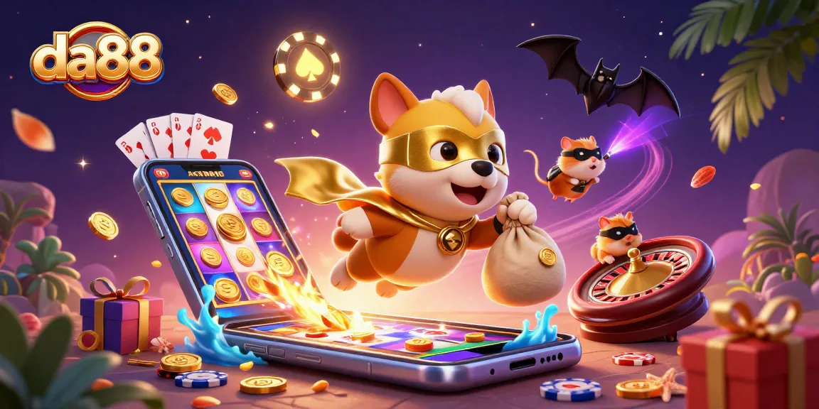Engage with playful da88 mobile slot games featuring a superhero dog and hamster duo.