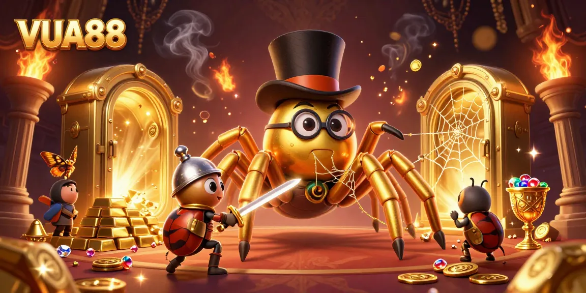 VUA88 showcases a brave beetle knight confronting a golden tarantula in a vibrant casino scene.