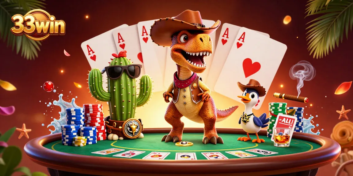 Join the excitement of 33win with a vibrant 3D illustration showcasing dynamic poker action and lively characters.