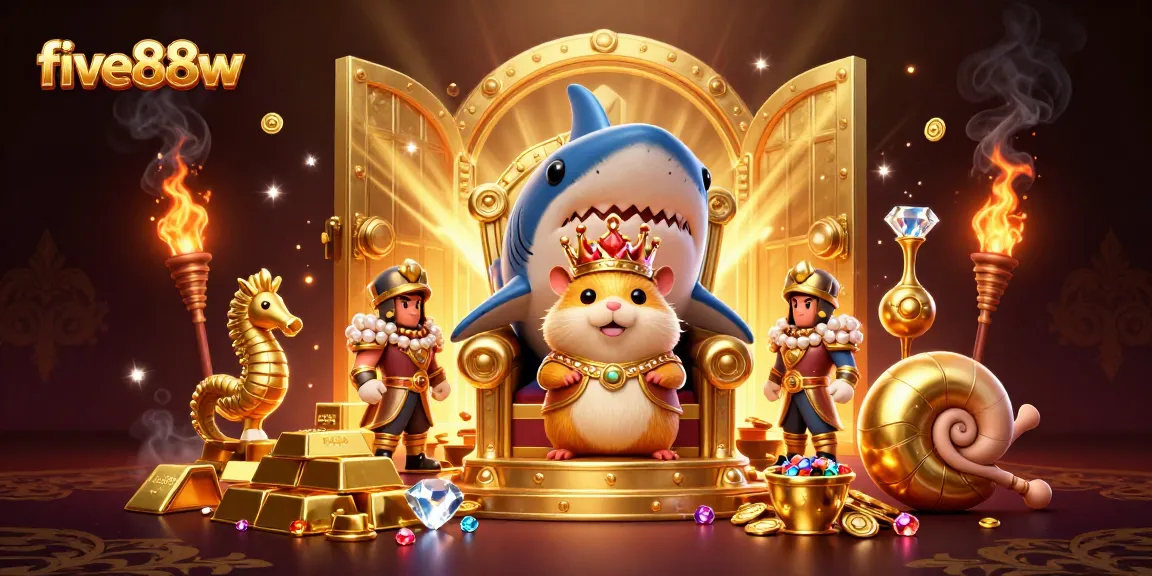 Engage with five88w's thrilling gaming universe featuring golden hamster king and treasure.