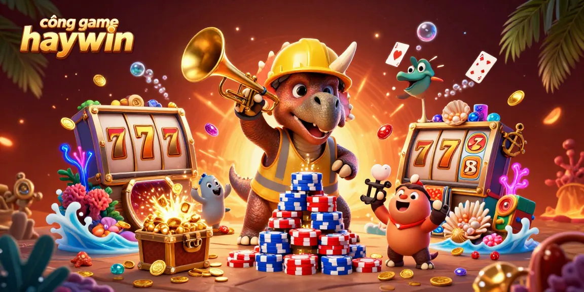 Engaging 3D illustration of cổng game haywin depicting vibrant slot reels and playful dinosaur characters