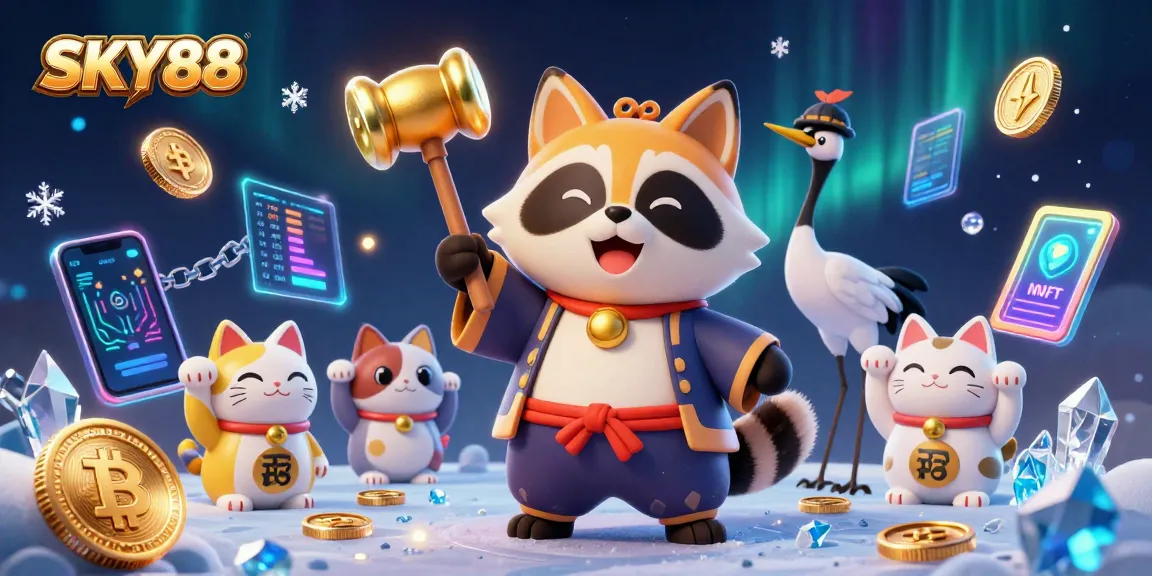 Engage with SKY88 as diverse fortune cats, a cheerful tanuki, and a crane enhance the gaming atmosphere.