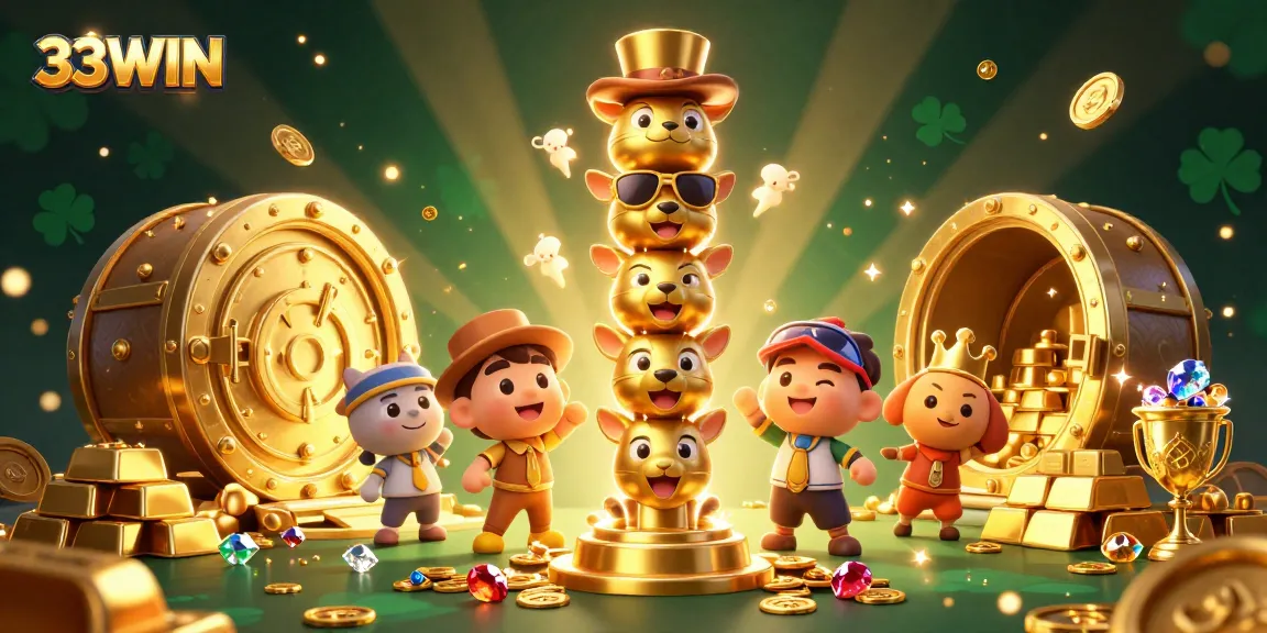 Experience the thrill of winning at 33WIN with a vibrant 3D casino-themed illustration featuring golden treasures.