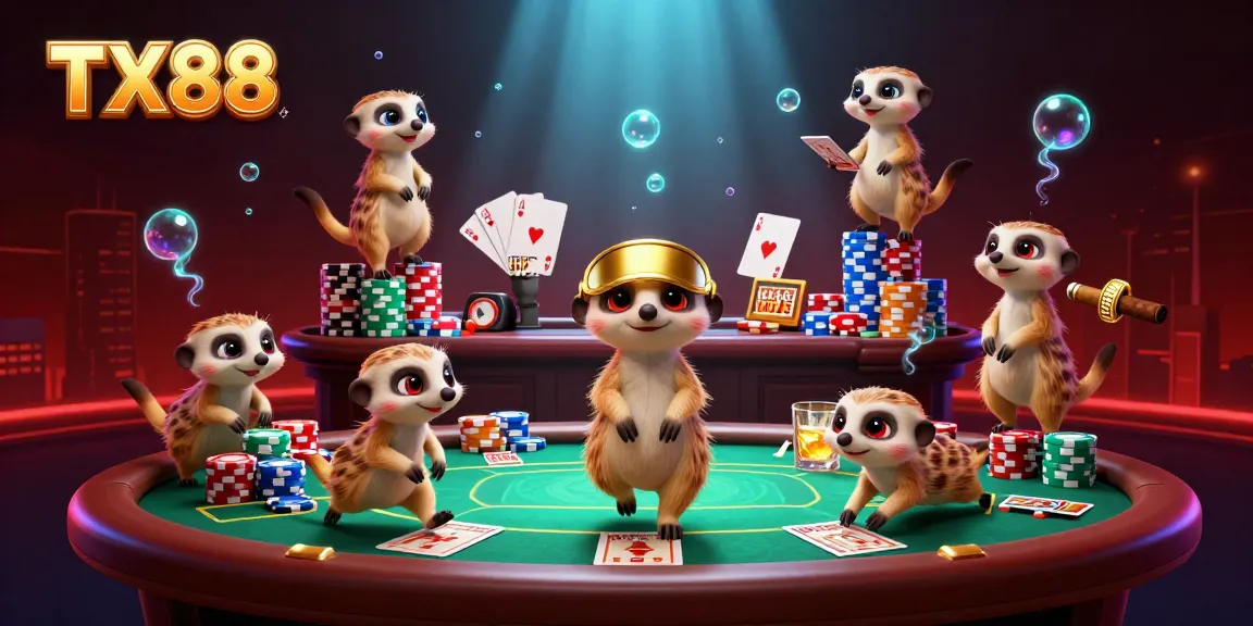 Engage with TX88’s vibrant casino world featuring meerkats in a bustling poker scene.