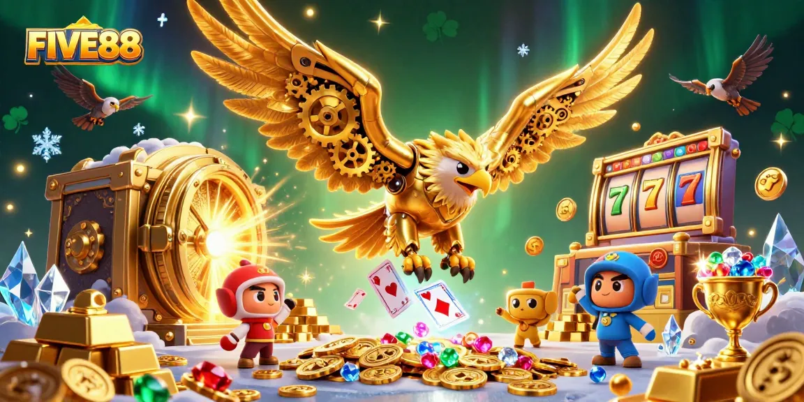Experience the thrill of winning at FIVE88 with dynamic slot elements and a dazzling eagle illustration.