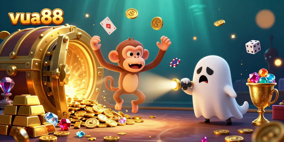 Experience the action with vua88 as a poltergeist monkey juggles gems in a vibrant casino scene.