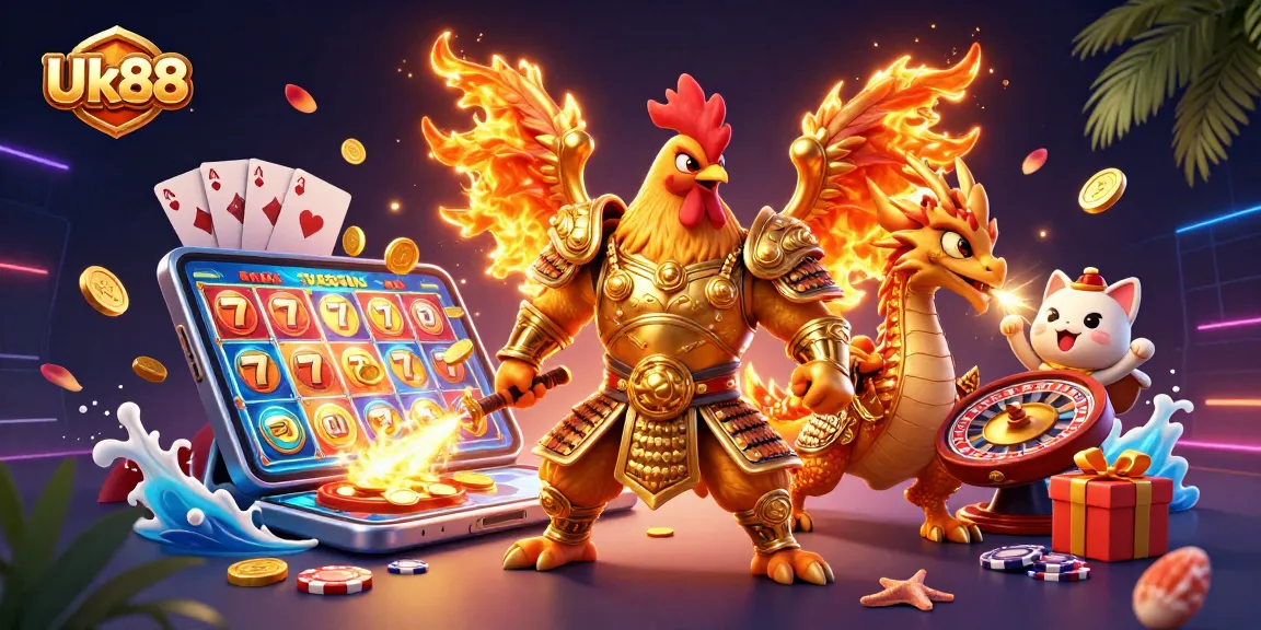 Engage with Uk88's premium 3D illustration featuring a rooster warrior, dragon hatchling, and vibrant casino elements.