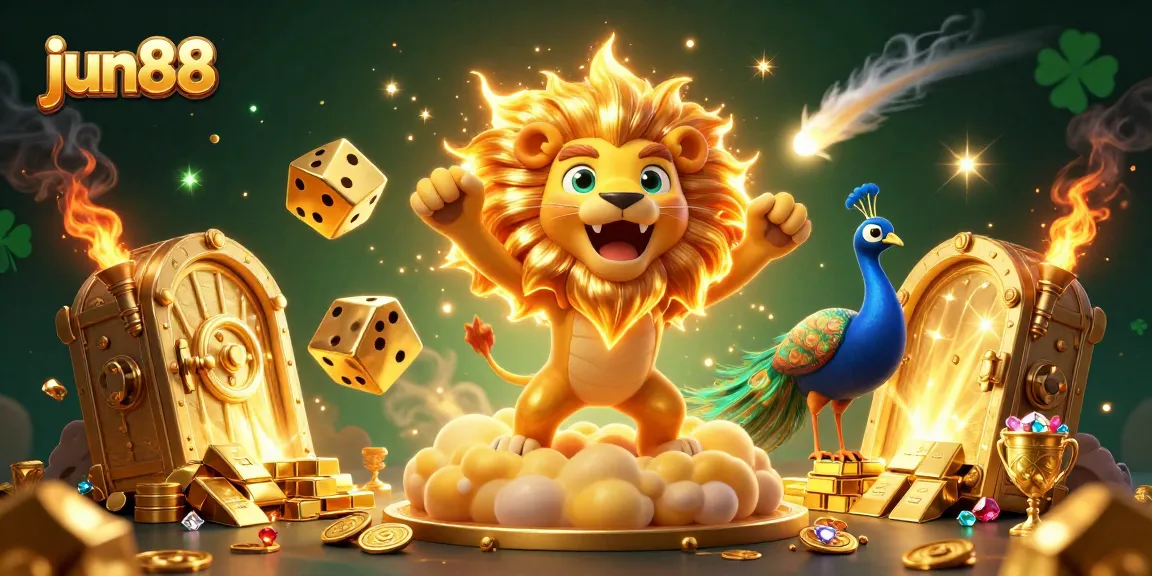 Experience thrilling wins with jun88 in this vibrant casino-themed 3D illustration filled with treasure and excitement.
