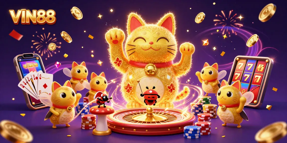 Experience the magic of VIN88 with our lucky cat and casino symbols creating excitement.