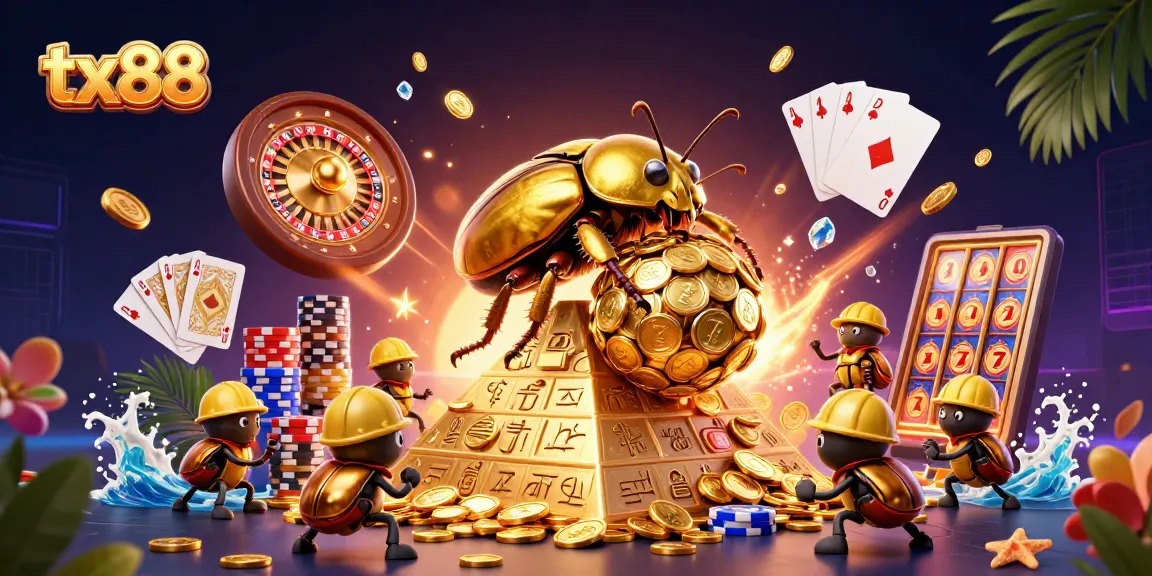 tx88 showcases a vibrant casino scene with golden beetles and dynamic gaming elements.