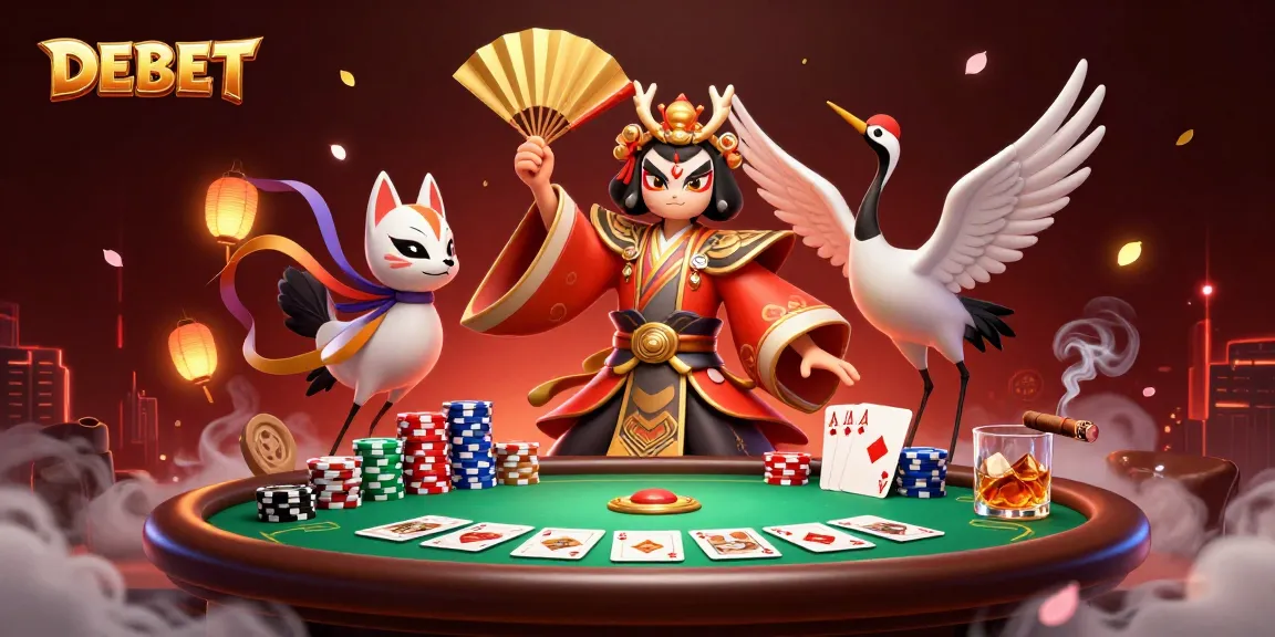 Experience winning poker strategies with DEBET, featuring a kabuki warrior and poker elements.