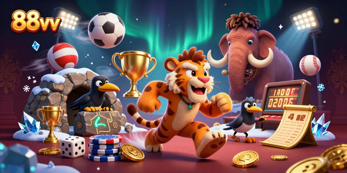Engage with thrilling 88vv casino games, featuring a vibrant fantasy with caveman characters and sports elements.