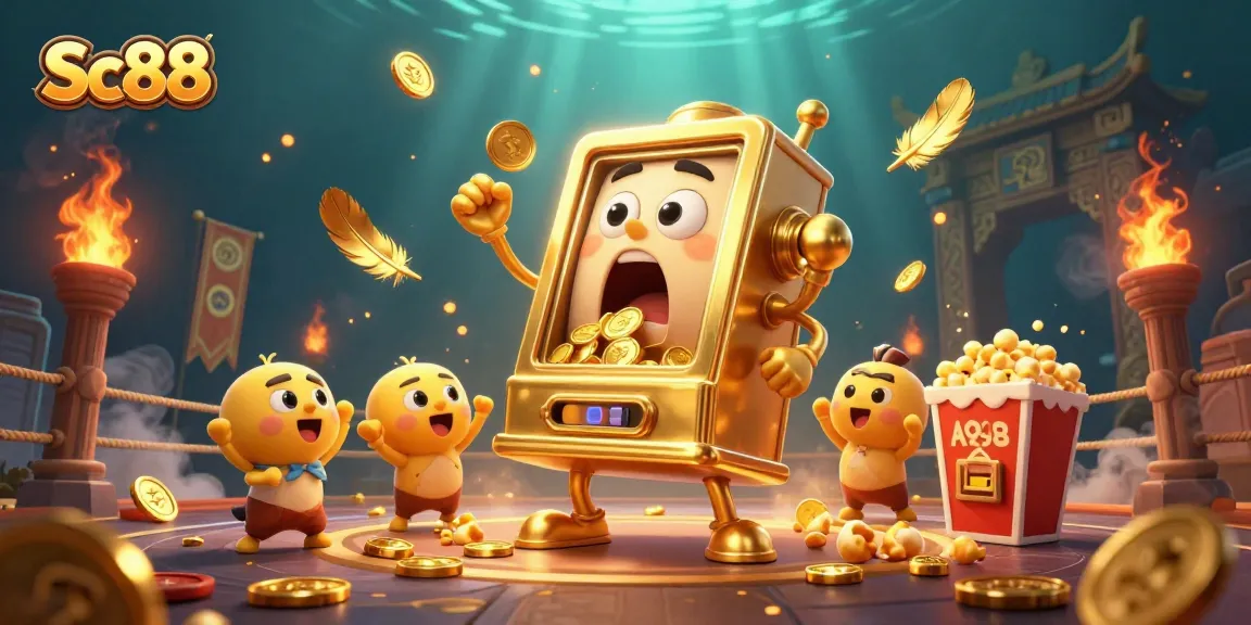 Sc88 slot machine celebrating a jackpot victory amidst coins and festive elements in a vibrant casino environment.