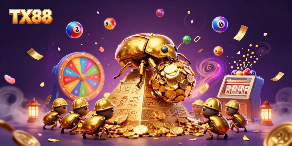 TX88 brings excitement with massive golden beetles and vibrant casino elements in a stunning illustration.