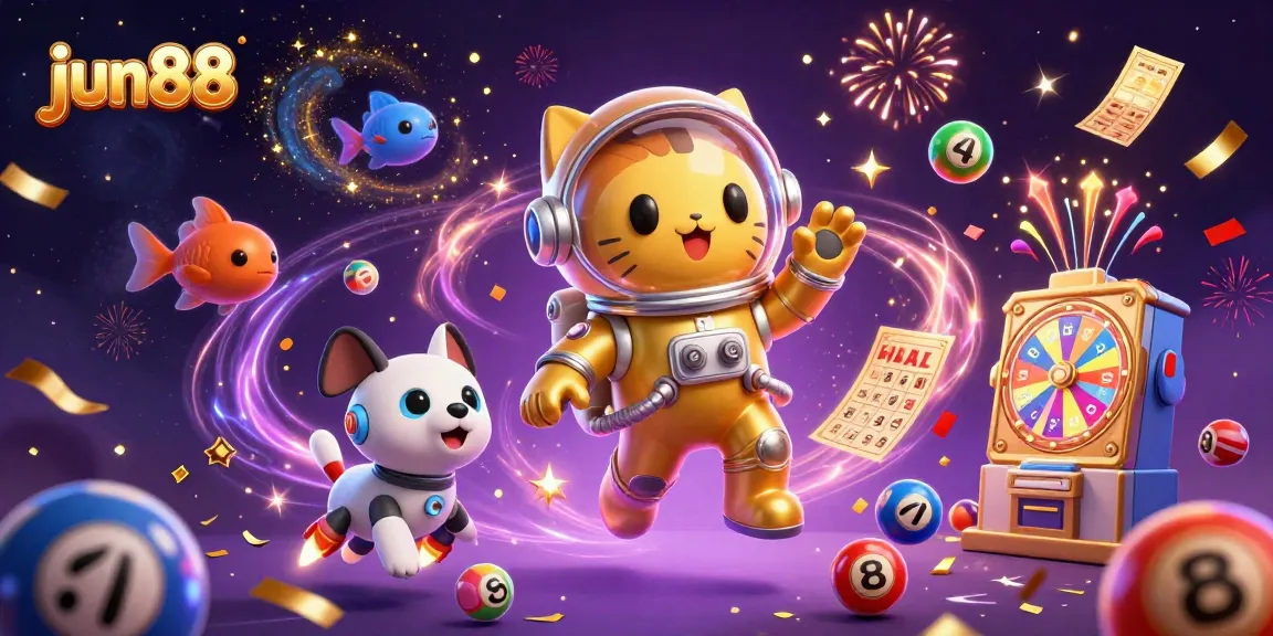 Win excitement with jun88 in a dynamic casino-inspired illustration featuring space-themed characters.