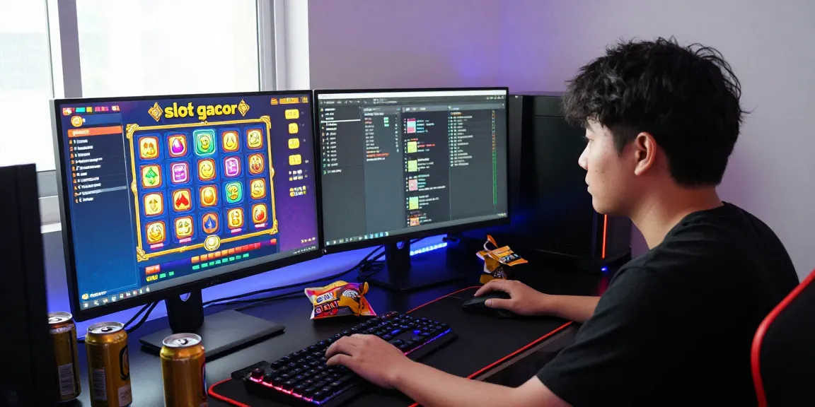 Intense gaming moment with slot gacor symbols on screen in a vibrant room
