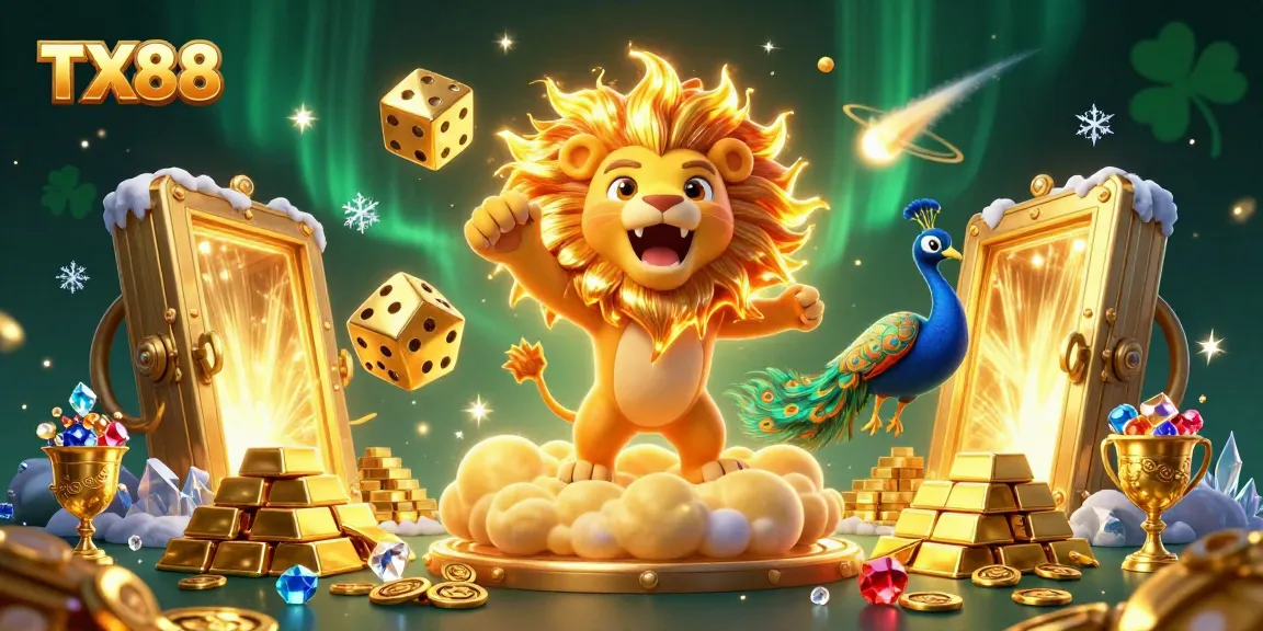 TX88 casino illustration featuring a roaring lion and tumbling dice, surrounded by treasure vaults and gold