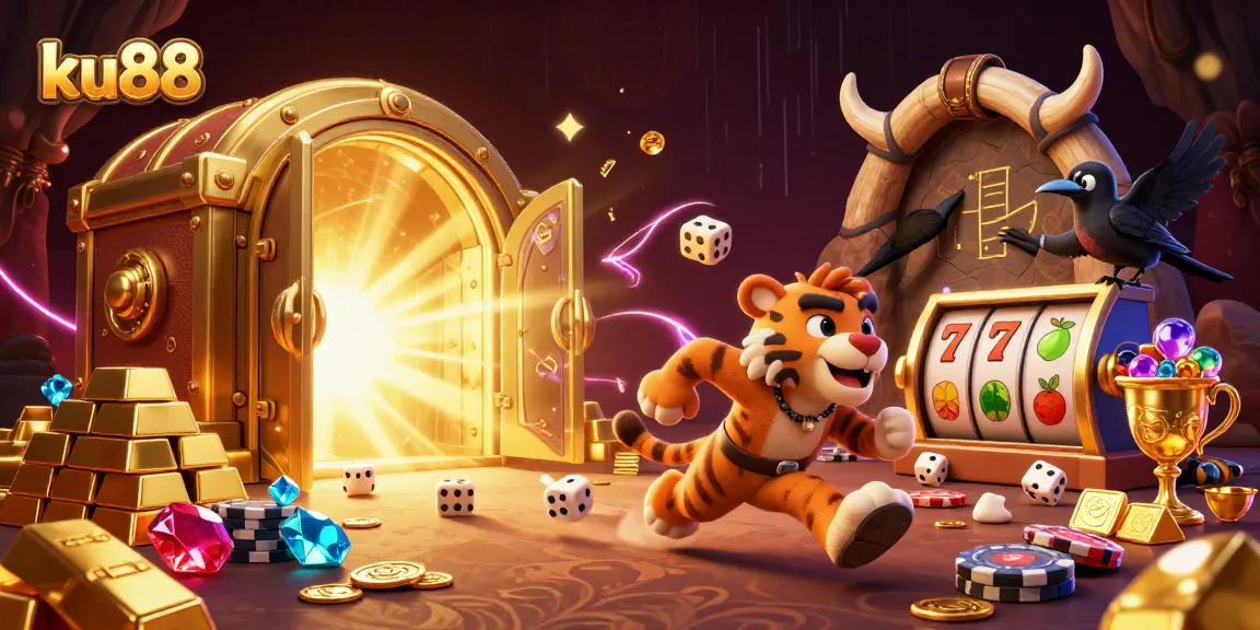 ku88 features a lively prehistoric casino with caveman characters, slot reels, and treasure elements.