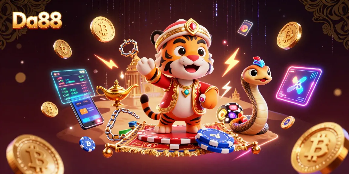 Join the excitement at Da88 with vibrant online gaming featuring Bitcoin and Ethereum coin elements in a rich scene