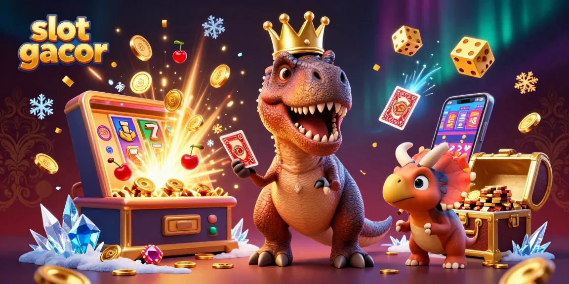 Engage with slot gacor as T-Rex shuffles cards, while vibrant slot action unfolds around him.