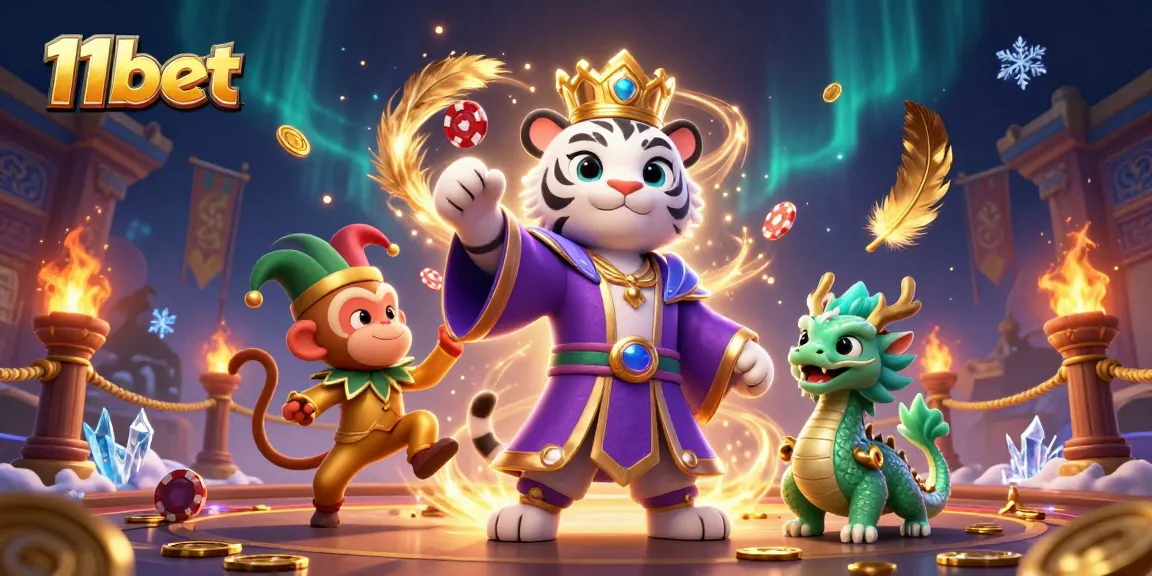 Engage in exciting gameplay with 11bet, featuring a white tiger and playful monkey in a vibrant casino scene.