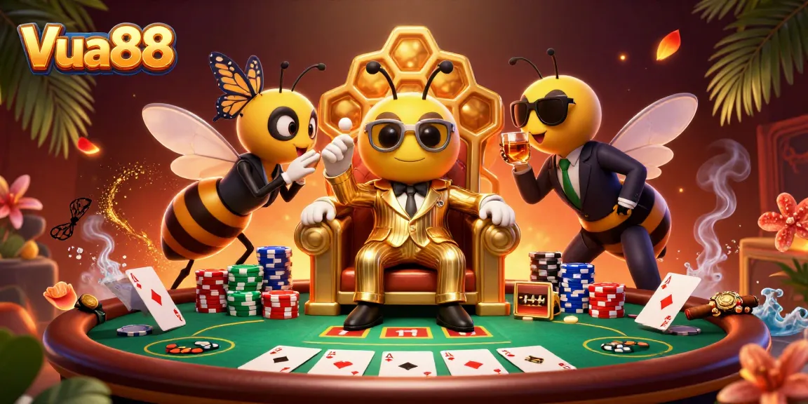 Vua88 showcases a thrilling poker scene with a bumblebee mob boss and vibrant gameplay elements.