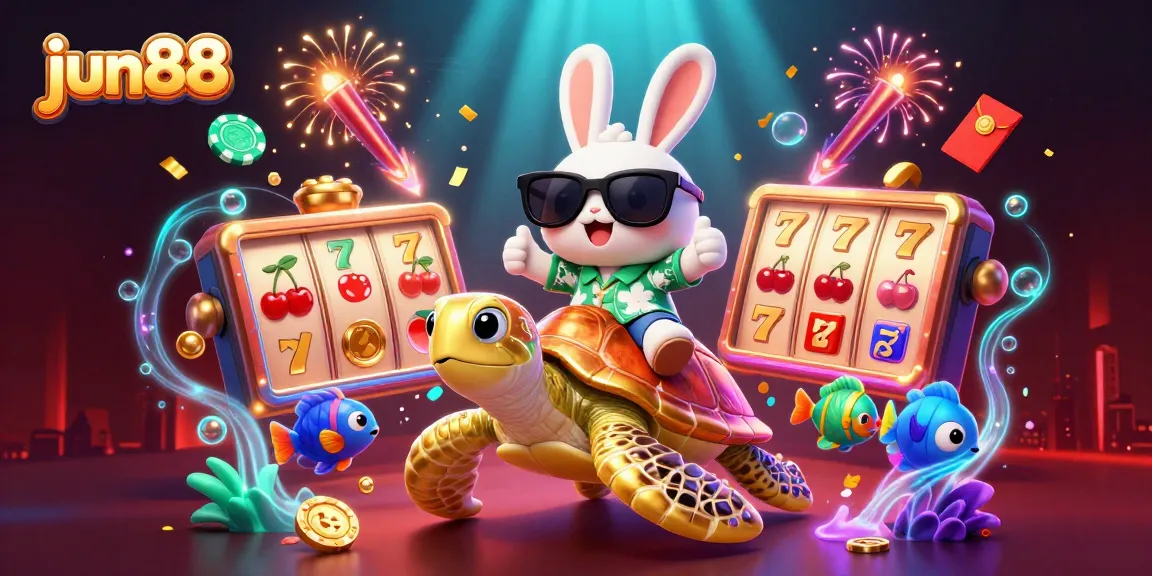 The lucky rabbit promoting jun88 rides a golden sea turtle, amidst vibrant slot game elements.