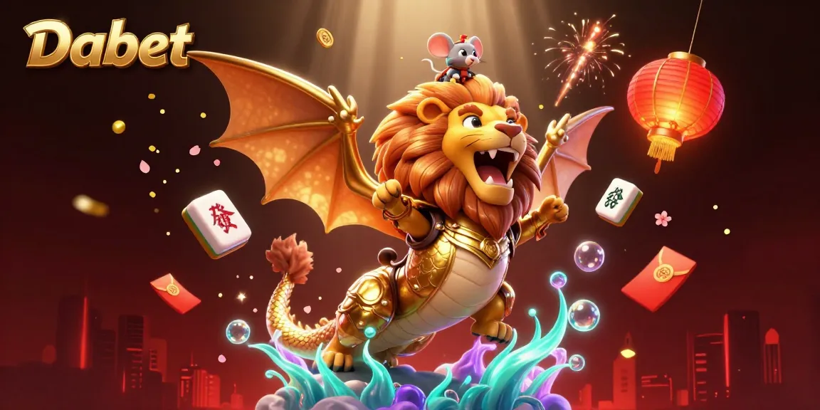 Dabet players enjoy a dynamic casino scene with a winning chimera and a mouse jockey amidst shimmering gold.