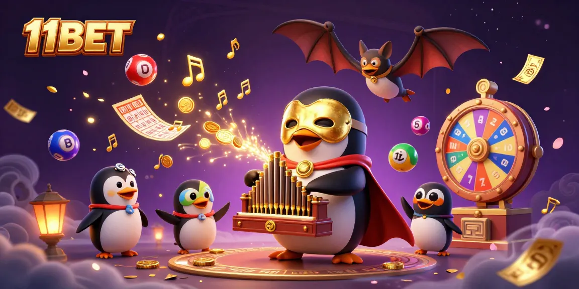 Experience the thrill of winning at 11BET with a vibrant illustration of a penguin organist and dynamic gaming elements.