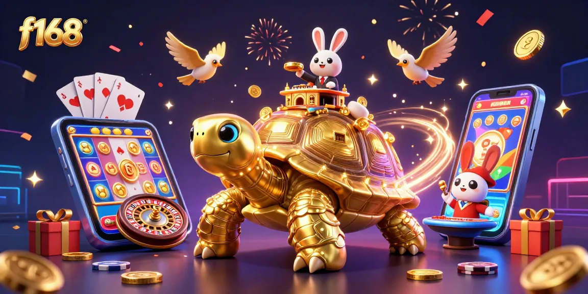Engage with f168's vibrant online casino world, featuring a golden tortoise casino, rabbit dealer, and flying coins.