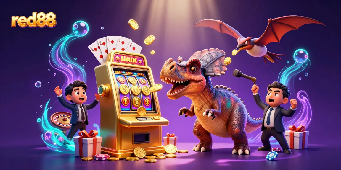 Experience excitement at red88 with jackpot coins erupting from a slot machine amid vibrant casino elements.
