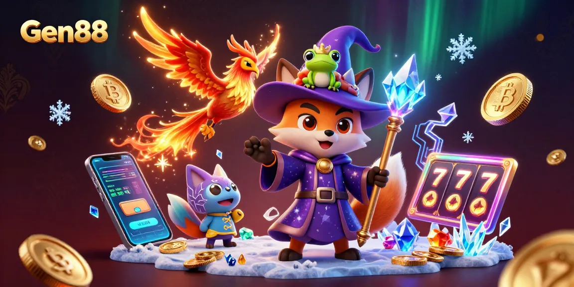 Experience the excitement of Gen88 with a vivid 3D illustration showcasing a wizard fox, phoenix, and vibrant slot elements.