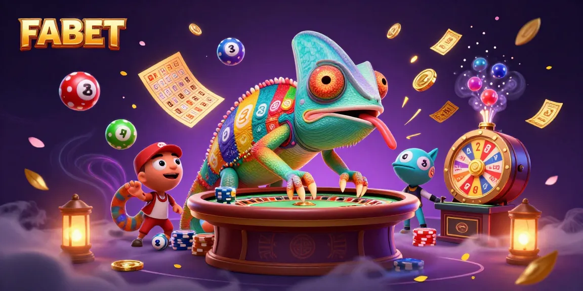 Engage with FABET's vibrant casino scene featuring a chameleon owner amidst colorful lottery action.