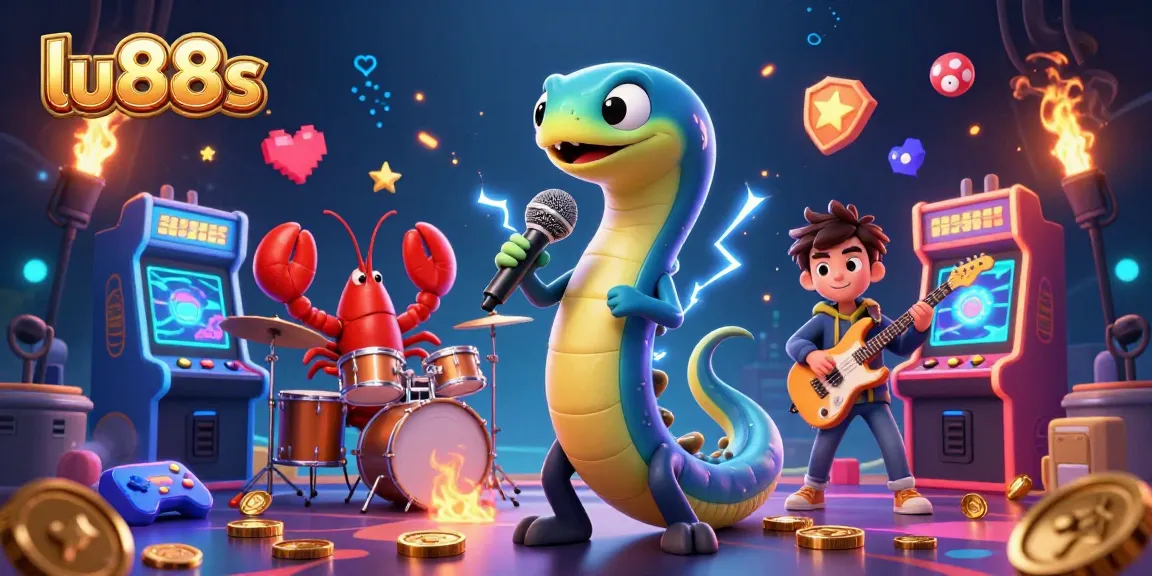 Experience exciting gameplay at lu88s with an electric eel DJ, lively underwater casino atmosphere, and arcade game elements.