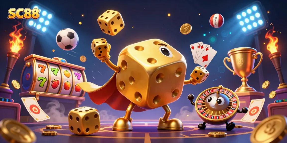 Engage in dynamic gaming adventures at SC88, featuring golden dice and thrilling casino elements.