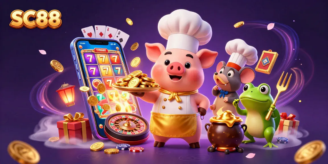 Experience the excitement of SC88 as a chef pig serves gold coins in a vibrant 3D casino scene.